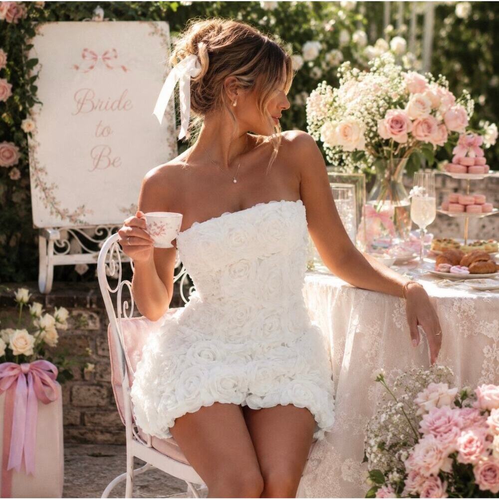 Oh Polly White Rosette Strapless Mini Dress Bridal Coquette NWT US 4 - Picture 6 of 16